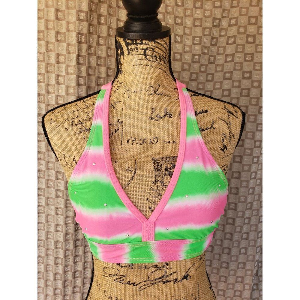 Girls Halter Bikini Top PINK Green Studded Swimwear Swimsuit Size 12 NWOT - Picture 4 of 8